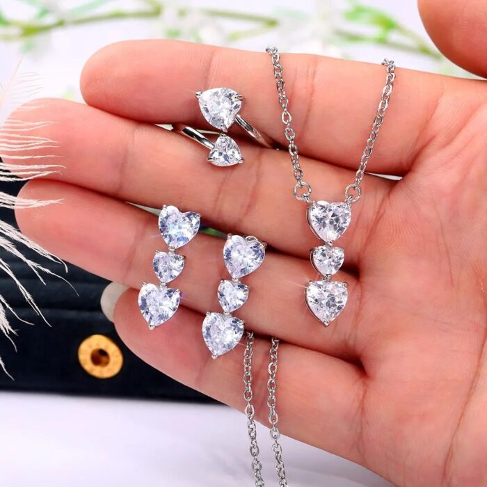 3pcs Adjustable White Gold Plated Clear CZ Crystal Heart Ring Earrings Necklace Triple Cubic Zirconia Heart Shaped Jewelry Set